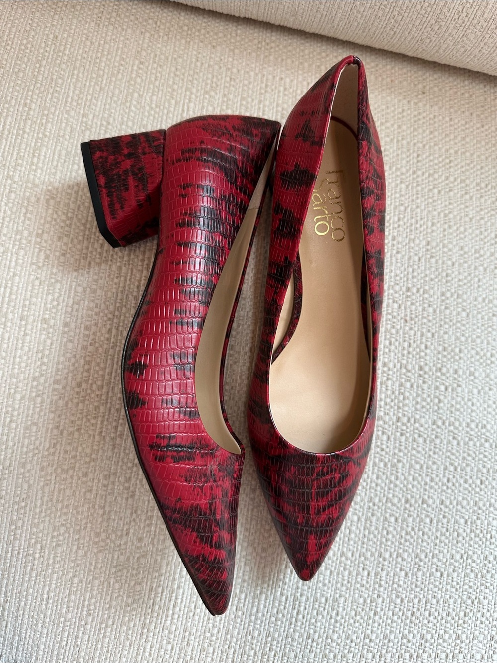 Franco Sarto Red and Black Textured Pointed Block Heel Pumps
